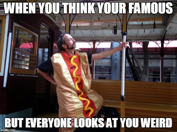 MarkDude Idiot in a HotDog suit | WHEN YOU THINK YOUR FAMOUS; BUT EVERYONE LOOKS AT YOU WEIRD | image tagged in markdude idiot in a hotdog suit | made w/ Imgflip meme maker