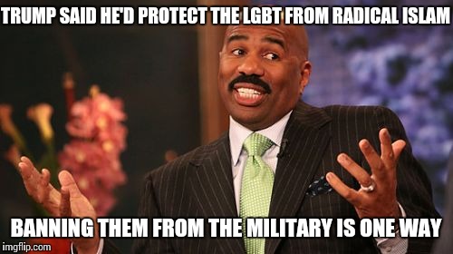 Steve Harvey | TRUMP SAID HE'D PROTECT THE LGBT FROM RADICAL ISLAM; BANNING THEM FROM THE MILITARY IS ONE WAY | image tagged in memes,steve harvey | made w/ Imgflip meme maker