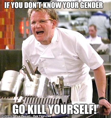 Chef Gordon Ramsay Meme | IF YOU DON'T KNOW YOUR GENDER; GO KILL YOURSELF! | image tagged in memes,chef gordon ramsay | made w/ Imgflip meme maker
