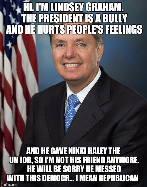 Lindsey Graham | HI. I'M LINDSEY GRAHAM. THE PRESIDENT IS A BULLY AND HE HURTS PEOPLE'S FEELINGS; AND HE GAVE NIKKI HALEY THE UN JOB, SO I'M NOT HIS FRIEND ANYMORE. HE WILL BE SORRY HE MESSED WITH THIS DEMOCR...
I MEAN REPUBLICAN | image tagged in lindsey graham | made w/ Imgflip meme maker