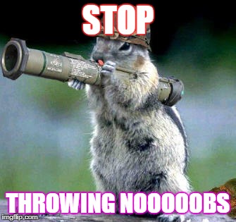 Bazooka Squirrel | STOP; THROWING NOOOOOBS | image tagged in memes,bazooka squirrel | made w/ Imgflip meme maker