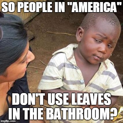 Third World Skeptical Kid Meme | SO PEOPLE IN "AMERICA"; DON'T USE LEAVES IN THE BATHROOM? | image tagged in memes,third world skeptical kid | made w/ Imgflip meme maker