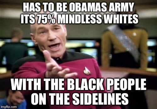 Picard Wtf Meme | HAS TO BE OBAMAS ARMY ITS 75% MINDLESS WHITES WITH THE BLACK PEOPLE ON THE SIDELINES | image tagged in memes,picard wtf | made w/ Imgflip meme maker
