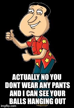 Quagmire | ACTUALLY NO YOU DONT WEAR ANY PANTS AND I CAN SEE YOUR BALLS HANGING OUT | image tagged in quagmire | made w/ Imgflip meme maker