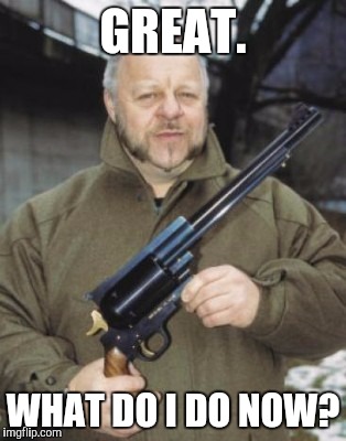 Memes, Huge Pistol | GREAT. WHAT DO I DO NOW? | image tagged in memes huge pistol | made w/ Imgflip meme maker