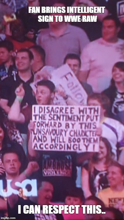 Intelligent WWE Raw Sign | FAN BRINGS INTELLIGENT SIGN TO WWE RAW; I CAN RESPECT THIS.. | image tagged in raw,wwe,fan sign,sign,fan,funny | made w/ Imgflip meme maker