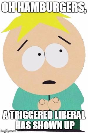 Oh hamburgers | OH HAMBURGERS, A TRIGGERED LIBERAL HAS SHOWN UP | image tagged in uh oh,butters,south park,memes,triggered,triggered liberal | made w/ Imgflip meme maker