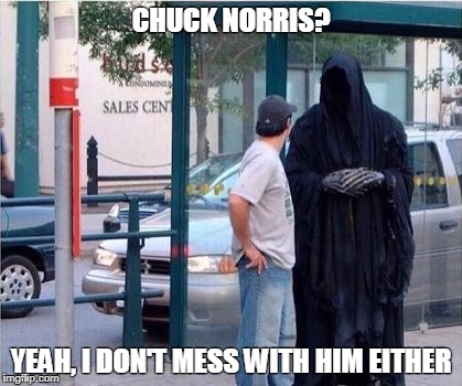 Mess with Chuck Norris | CHUCK NORRIS? YEAH, I DON'T MESS WITH HIM EITHER | image tagged in grim reaper,chuck norris | made w/ Imgflip meme maker