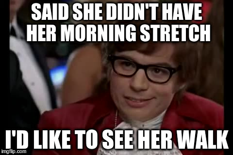I Too Like To Live Dangerously Meme | SAID SHE DIDN'T HAVE HER MORNING STRETCH; I'D LIKE TO SEE HER WALK | image tagged in memes,i too like to live dangerously | made w/ Imgflip meme maker
