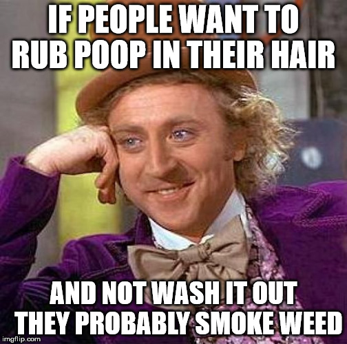 Creepy Condescending Wonka Meme | IF PEOPLE WANT TO RUB POOP IN THEIR HAIR AND NOT WASH IT OUT  THEY PROBABLY SMOKE WEED | image tagged in memes,creepy condescending wonka | made w/ Imgflip meme maker