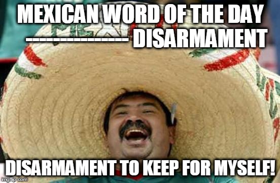 Happy Mexican | MEXICAN WORD OF THE DAY 
 --------------- DISARMAMENT; DISARMAMENT TO KEEP FOR MYSELF! | image tagged in happy mexican | made w/ Imgflip meme maker