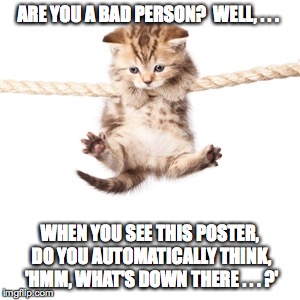 it's perfectly normal | ARE YOU A BAD PERSON?  WELL, . . . WHEN YOU SEE THIS POSTER, DO YOU AUTOMATICALLY THINK, 'HMM, WHAT'S DOWN THERE . . . ?' | image tagged in hang in there kitty,memes | made w/ Imgflip meme maker