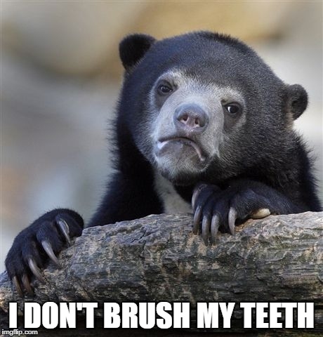 Confession Bear Meme | I DON'T BRUSH MY TEETH | image tagged in memes,confession bear | made w/ Imgflip meme maker