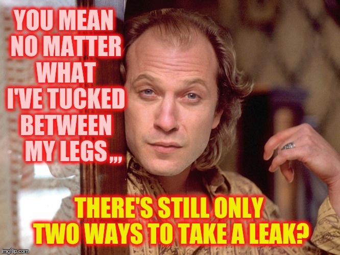 Buffalo Bill Invites You In,,, | YOU MEAN NO MATTER WHAT I'VE TUCKED BETWEEN MY LEGS THERE'S STILL ONLY TWO WAYS TO TAKE A LEAK? ,,, | image tagged in buffalo bill invites you in   | made w/ Imgflip meme maker