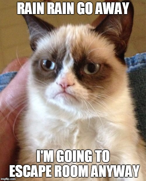 Grumpy Cat Meme | RAIN RAIN GO AWAY; I'M GOING TO ESCAPE ROOM ANYWAY | image tagged in memes,grumpy cat | made w/ Imgflip meme maker