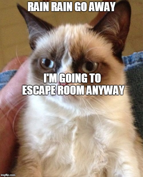 Grumpy Cat Meme |  RAIN RAIN GO AWAY; I'M GOING TO ESCAPE ROOM ANYWAY | image tagged in memes,grumpy cat | made w/ Imgflip meme maker