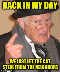 Back In My Day Meme | BACK IN MY DAY WE JUST LET THE CAT STEAL FROM THE NEIGHBORS | image tagged in memes,back in my day | made w/ Imgflip meme maker