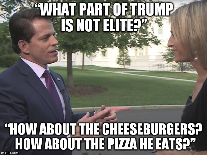 If a Billionaire eats Pizza, he's not elite! | “WHAT PART OF TRUMP IS NOT ELITE?”; “HOW ABOUT THE CHEESEBURGERS? HOW ABOUT THE PIZZA HE EATS?” | image tagged in trump,humor,scaramucci,emily maitlin,bbc | made w/ Imgflip meme maker