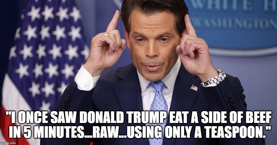 "I ONCE SAW DONALD TRUMP EAT A SIDE OF BEEF IN 5 MINUTES...RAW...USING ONLY A TEASPOON." | image tagged in anthony scaramucci,donald trump | made w/ Imgflip meme maker
