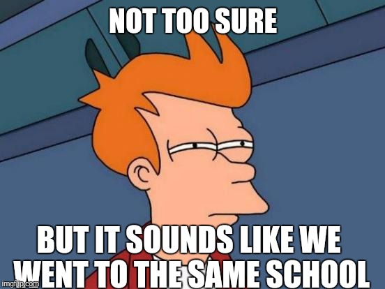 Futurama Fry Meme | NOT TOO SURE BUT IT SOUNDS LIKE WE WENT TO THE SAME SCHOOL | image tagged in memes,futurama fry | made w/ Imgflip meme maker