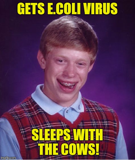 Bad Luck Brian Meme | GETS E.COLI VIRUS SLEEPS WITH THE COWS! | image tagged in memes,bad luck brian | made w/ Imgflip meme maker