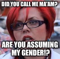 Big red | DID YOU CALL ME MA'AM? ARE YOU ASSUMING MY GENDER!? | image tagged in big red | made w/ Imgflip meme maker