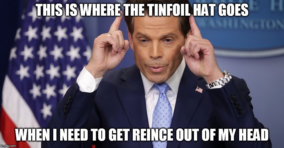 Scaramucci | THIS IS WHERE THE TINFOIL HAT GOES; WHEN I NEED TO GET REINCE OUT OF MY HEAD | image tagged in scaramucci | made w/ Imgflip meme maker