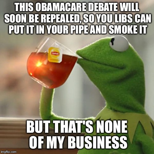 But That's None Of My Business Meme | THIS OBAMACARE DEBATE WILL SOON BE REPEALED, SO YOU LIBS CAN PUT IT IN YOUR PIPE AND SMOKE IT; BUT THAT'S NONE OF MY BUSINESS | image tagged in memes,but thats none of my business,kermit the frog | made w/ Imgflip meme maker