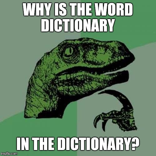 Philosoraptor | WHY IS THE WORD DICTIONARY; IN THE DICTIONARY? | image tagged in memes,philosoraptor | made w/ Imgflip meme maker