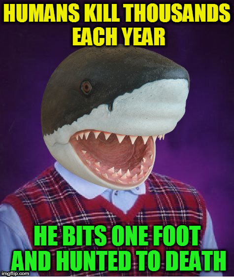 Bad Luck Shark | HUMANS KILL THOUSANDS EACH YEAR HE BITS ONE FOOT AND HUNTED TO DEATH | image tagged in bad luck shark | made w/ Imgflip meme maker