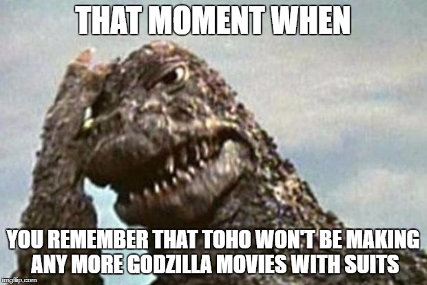 Godzilla Facepalm | THAT MOMENT WHEN; YOU REMEMBER THAT TOHO WON'T BE MAKING ANY MORE GODZILLA MOVIES WITH SUITS | image tagged in godzilla facepalm | made w/ Imgflip meme maker