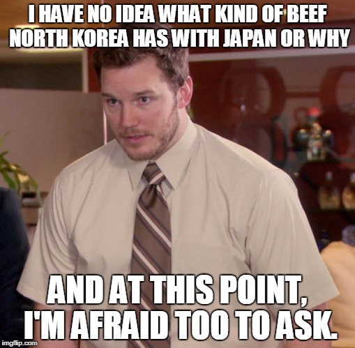Afraid To Ask Andy Meme | I HAVE NO IDEA WHAT KIND OF BEEF NORTH KOREA HAS WITH JAPAN OR WHY; AND AT THIS POINT, I'M AFRAID TOO TO ASK. | image tagged in memes,afraid to ask andy,AdviceAnimals | made w/ Imgflip meme maker