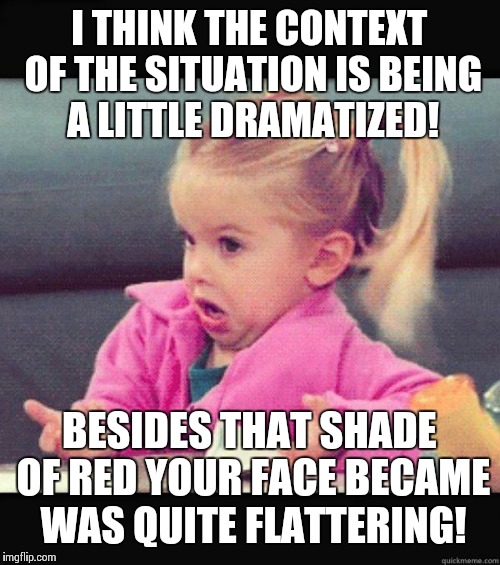 idk girl | I THINK THE CONTEXT OF THE SITUATION IS BEING A LITTLE DRAMATIZED! BESIDES THAT SHADE OF RED YOUR FACE BECAME WAS QUITE FLATTERING! | image tagged in idk girl | made w/ Imgflip meme maker