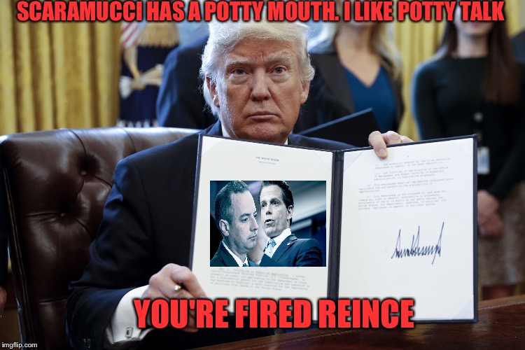  Greatest drama show on earth, 7 days a week, the White House ! Stay tuned  | SCARAMUCCI HAS A POTTY MOUTH. I LIKE POTTY TALK; YOU'RE FIRED REINCE | image tagged in funny,memes | made w/ Imgflip meme maker