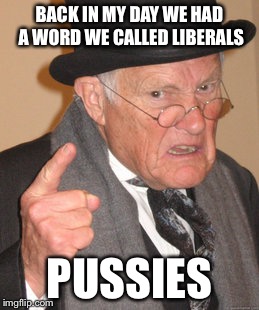 Back In My Day Meme | BACK IN MY DAY WE HAD A WORD WE CALLED LIBERALS PUSSIES | image tagged in memes,back in my day | made w/ Imgflip meme maker