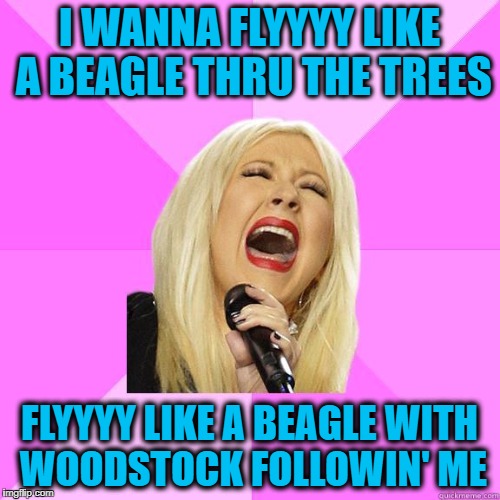 I WANNA FLYYYY LIKE A BEAGLE THRU THE TREES FLYYYY LIKE A BEAGLE WITH WOODSTOCK FOLLOWIN' ME | image tagged in karaoke | made w/ Imgflip meme maker