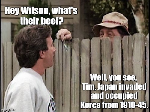 Home Improvement Tim and Wilson | Hey Wilson, what's their beef? Well, you see, Tim, Japan invaded and occupied Korea from 1910-45. | image tagged in home improvement tim and wilson | made w/ Imgflip meme maker