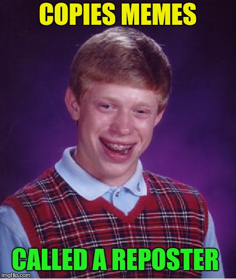 Bad Luck Brian Meme | COPIES MEMES CALLED A REPOSTER | image tagged in memes,bad luck brian | made w/ Imgflip meme maker