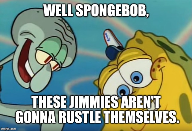Squidward and Spongebob | WELL SPONGEBOB, THESE JIMMIES AREN'T GONNA RUSTLE THEMSELVES. | image tagged in squidward and spongebob | made w/ Imgflip meme maker