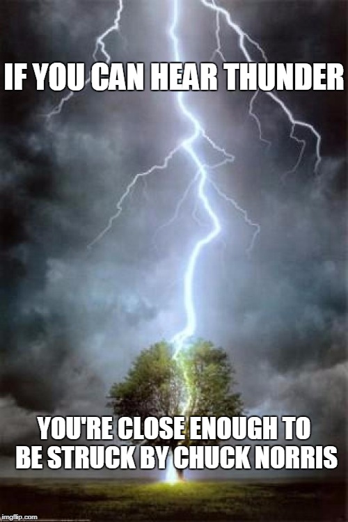 Thunder | IF YOU CAN HEAR THUNDER; YOU'RE CLOSE ENOUGH TO BE STRUCK BY CHUCK NORRIS | image tagged in lightning-tree-strike,chuck norris | made w/ Imgflip meme maker