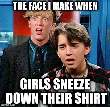 weird science my face when | THE FACE I MAKE WHEN; GIRLS SNEEZE DOWN THEIR SHIRT | image tagged in weird science my face when | made w/ Imgflip meme maker