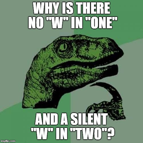 Philosoraptor Meme | WHY IS THERE NO "W" IN "ONE"; AND A SILENT "W" IN "TWO"? | image tagged in memes,philosoraptor | made w/ Imgflip meme maker