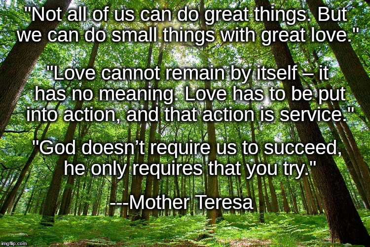 Mother Teresa Quotes | "Not all of us can do great things. But we can do small things with great love."; "Love cannot remain by itself – it has no meaning. Love has to be put into action, and that action is service."; "God doesn’t require us to succeed, he only requires that you try."; ---Mother Teresa | image tagged in christian,uplifting | made w/ Imgflip meme maker