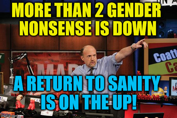Mad Money Jim Cramer Meme | MORE THAN 2 GENDER NONSENSE IS DOWN; A RETURN TO SANITY IS ON THE UP! | image tagged in memes,mad money jim cramer,transgender | made w/ Imgflip meme maker