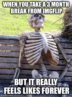 I'm back... | WHEN YOU TAKE A 3 MONTH BREAK FROM IMGFLIP; BUT IT REALLY FEELS LIKES FOREVER | image tagged in memes,waiting skeleton | made w/ Imgflip meme maker