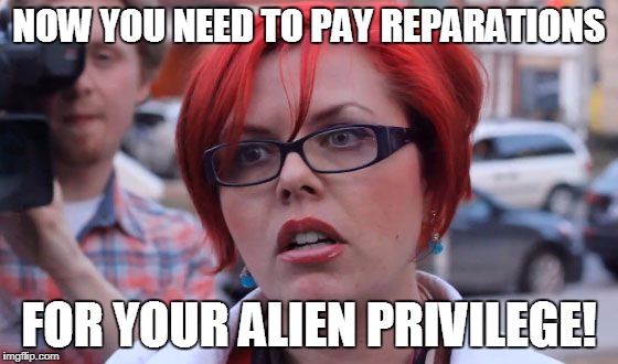 triggered | NOW YOU NEED TO PAY REPARATIONS FOR YOUR ALIEN PRIVILEGE! | image tagged in triggered | made w/ Imgflip meme maker