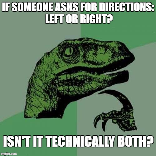 Philosoraptor | IF SOMEONE ASKS FOR DIRECTIONS: LEFT OR RIGHT? ISN'T IT TECHNICALLY BOTH? | image tagged in memes,philosoraptor | made w/ Imgflip meme maker