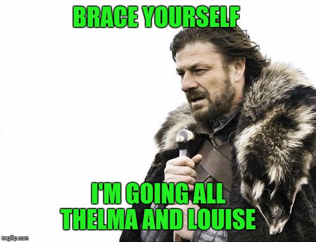Brace Yourselves X is Coming Meme | BRACE YOURSELF I'M GOING ALL THELMA AND LOUISE | image tagged in memes,brace yourselves x is coming | made w/ Imgflip meme maker