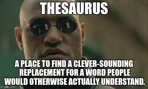 Explaining Thesaurus | THESAURUS; A PLACE TO FIND A CLEVER-SOUNDING REPLACEMENT FOR A WORD PEOPLE WOULD OTHERWISE ACTUALLY UNDERSTAND. | image tagged in memes,matrix morpheus,funny,thesaurus | made w/ Imgflip meme maker