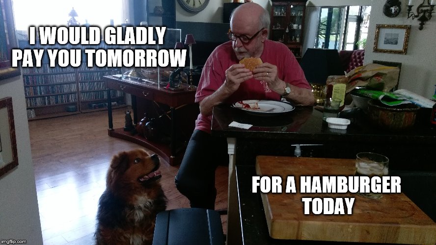The Full Wimpy | I WOULD GLADLY PAY YOU TOMORROW; FOR A HAMBURGER TODAY | image tagged in funny dogs | made w/ Imgflip meme maker